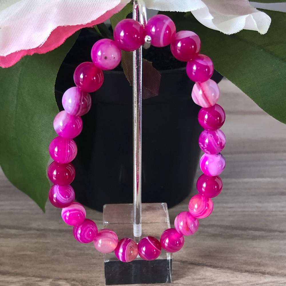 Rose Pink Agate Natural Stone Beads Stretchable Bracelet 7" - 8mm Beads